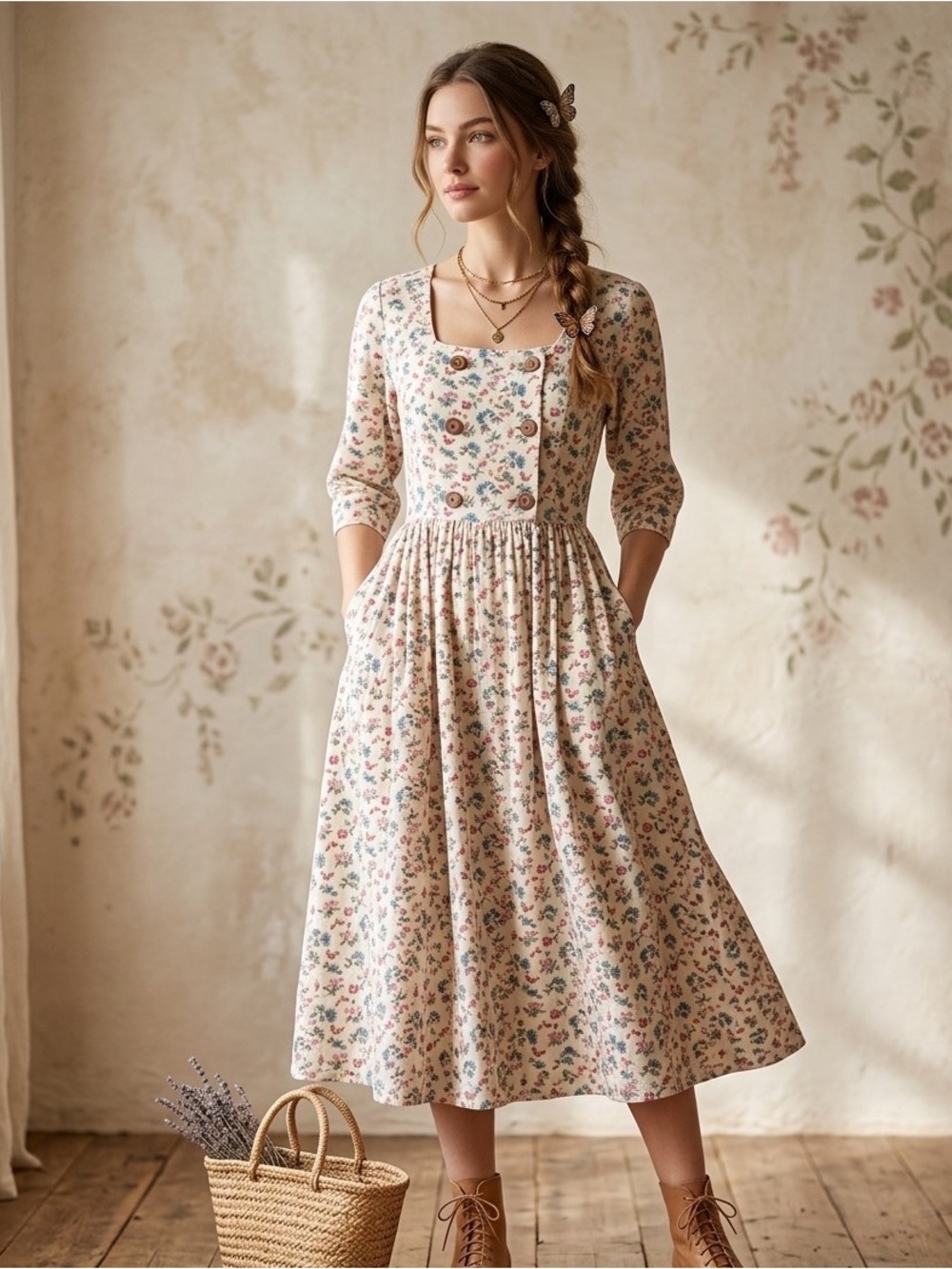 Vintage April Cornell Floral Butterfly Cottagecore Dress S
